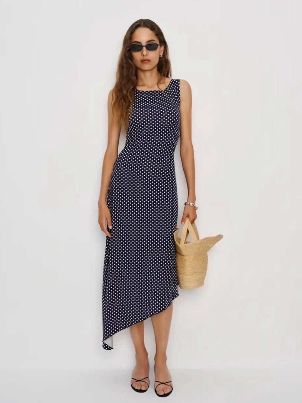 Reformation Luke Midi Dress Size Small Polka Dot Asymmetrical Knit Blue White